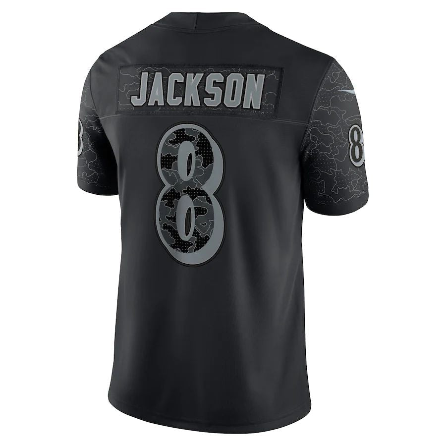 B.Ravens #8 Lamar Jackson Black RFLCTV Limited Jersey Stitched American Football Jerseys - Main View