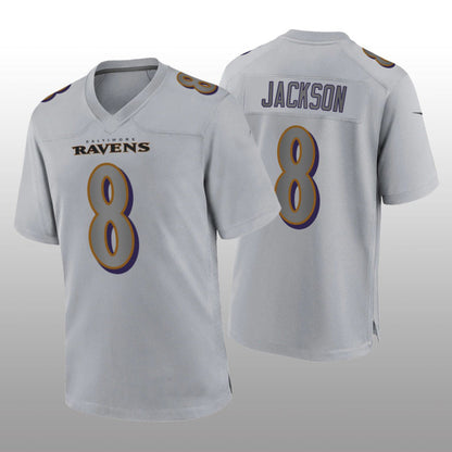 B.Ravens #8 Lamar Jackson Gray Atmosphere Game Jersey Stitched American Football Jerseys - Main View