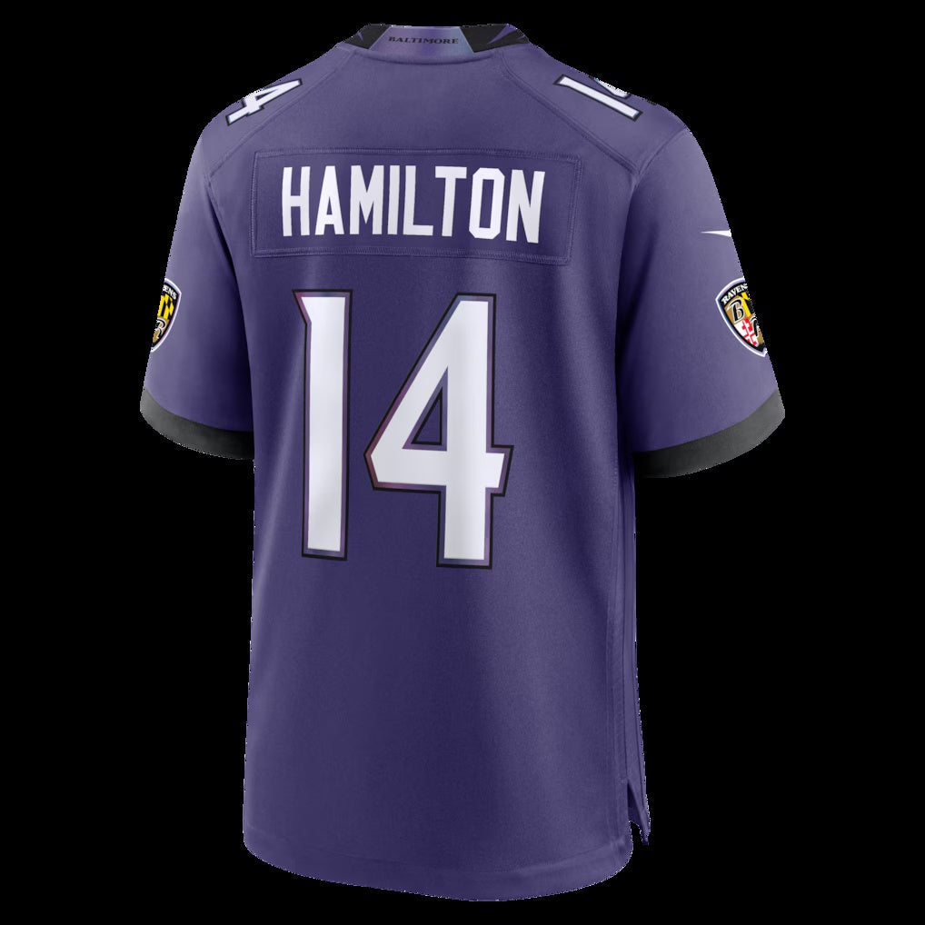 B.Ravens #14 Kyle Hamilton Purple Team Game Stitched Football American Jersey - Main View