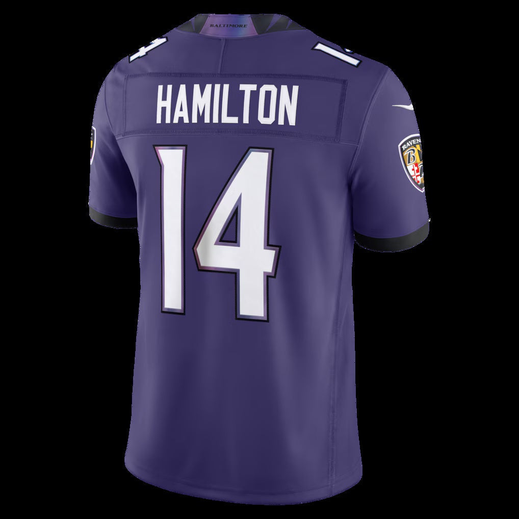 B.Ravens #14 Kyle Hamilton Purple Vapor F.U.S.E. Sewn Down Limited Stitched Football American Jersey - Main View