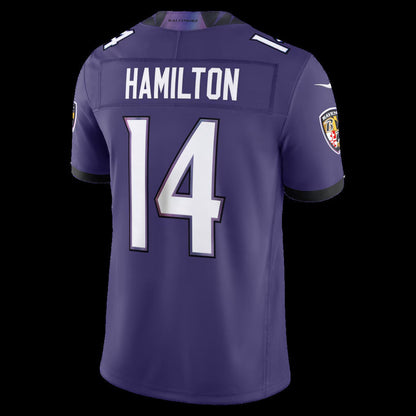B.Ravens #14 Kyle Hamilton Purple Vapor F.U.S.E. Sewn Down Limited Stitched Football American Jersey - Main View