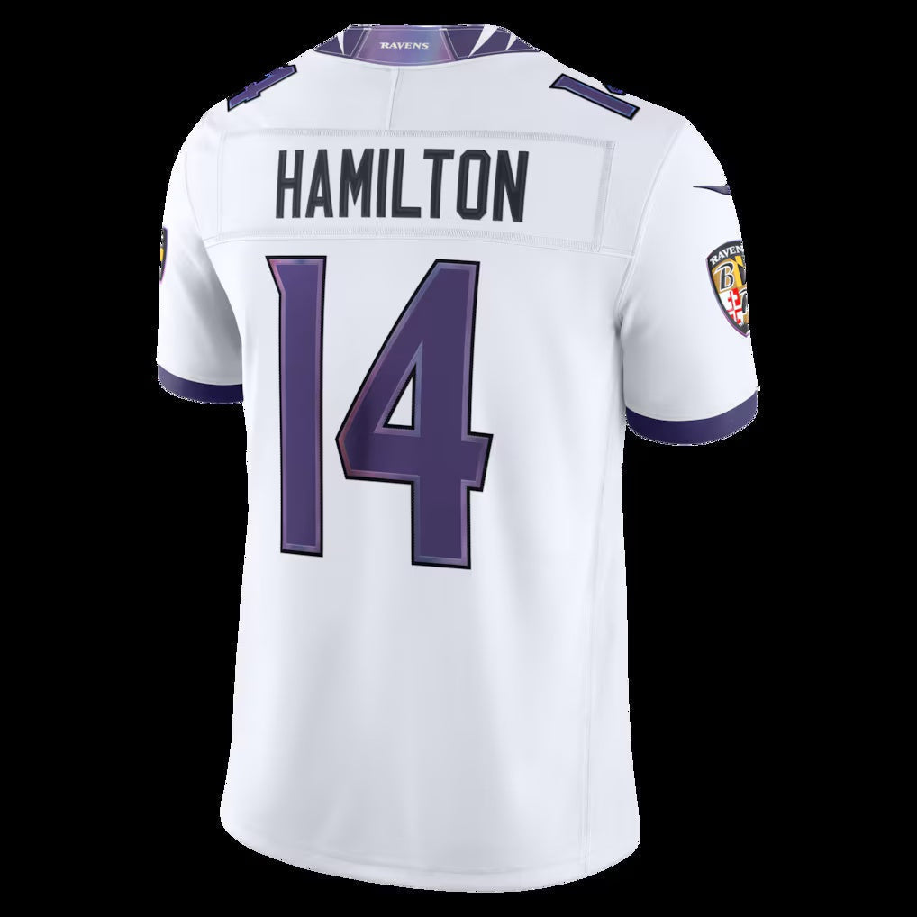 B.Ravens #14 Kyle Hamilton White Vapor F.U.S.E. Sewn Down Limited Stitched Football American Jersey - Main View