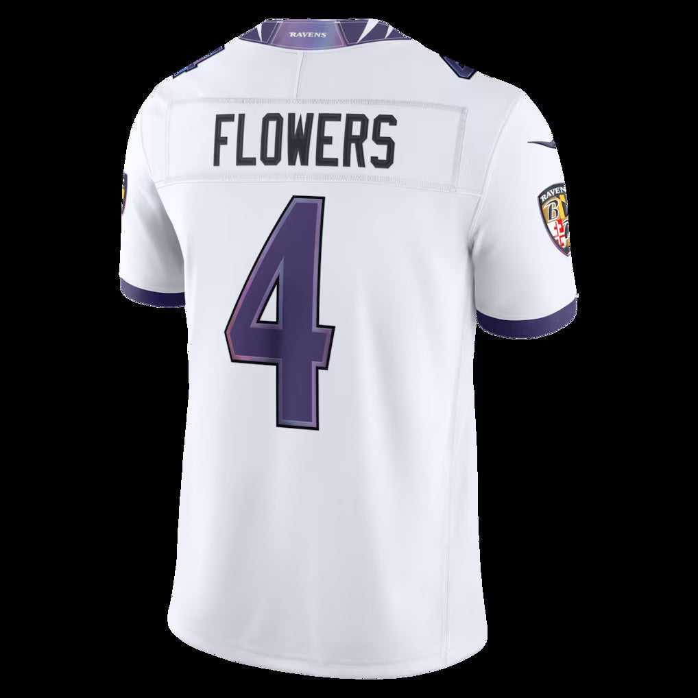 B.Ravens #4 Zay Flowers White Vapor F.U.S.E. Sewn Down Limited Stitched Football American Jersey - Main View