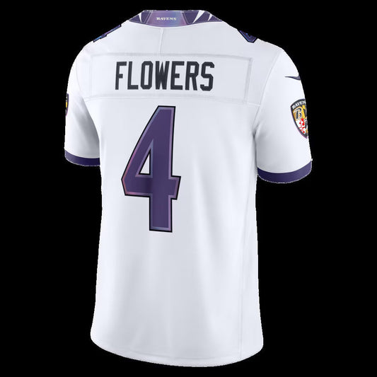 B.Ravens #4 Zay Flowers White Vapor F.U.S.E. Sewn Down Limited Stitched Football American Jersey - Main View