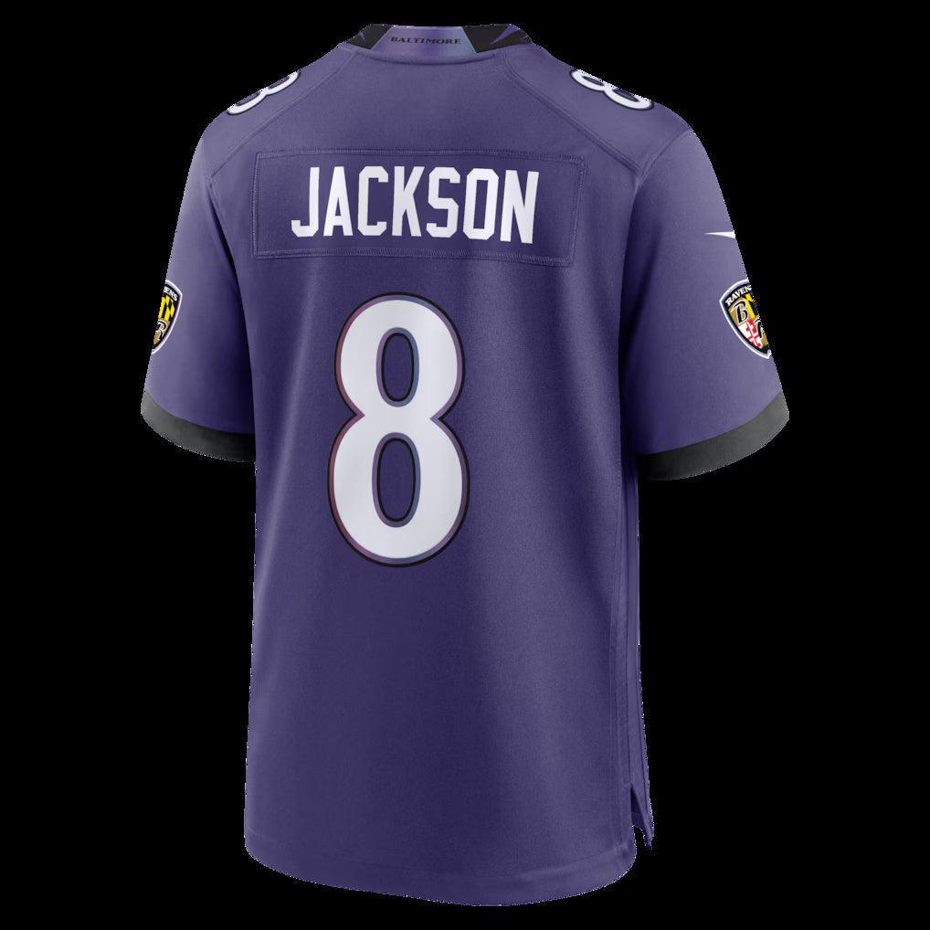 B.Ravens #8 Lamar Jackson Purple Team Game Stitched Football American Jersey - Main View