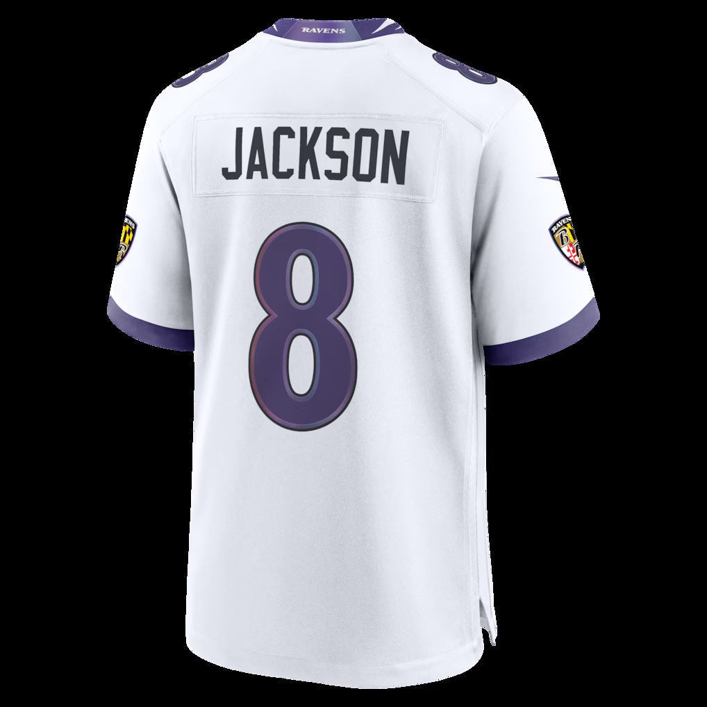 B.Ravens #8 Lamar Jackson White Game Stitched Football American Jersey - Main View