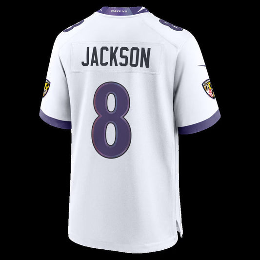 B.Ravens #8 Lamar Jackson White Game Stitched Football American Jersey - Main View