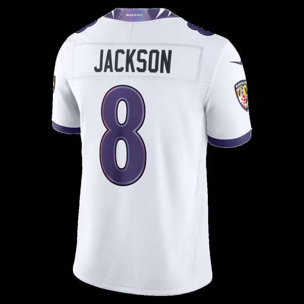 B.Ravens #8 Lamar Jackson White Vapor F.U.S.E. Sewn Down Limited Stitched Football American Jersey - Main View