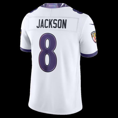B.Ravens #8 Lamar Jackson White Vapor F.U.S.E. Sewn Down Limited Stitched Football American Jersey - Main View