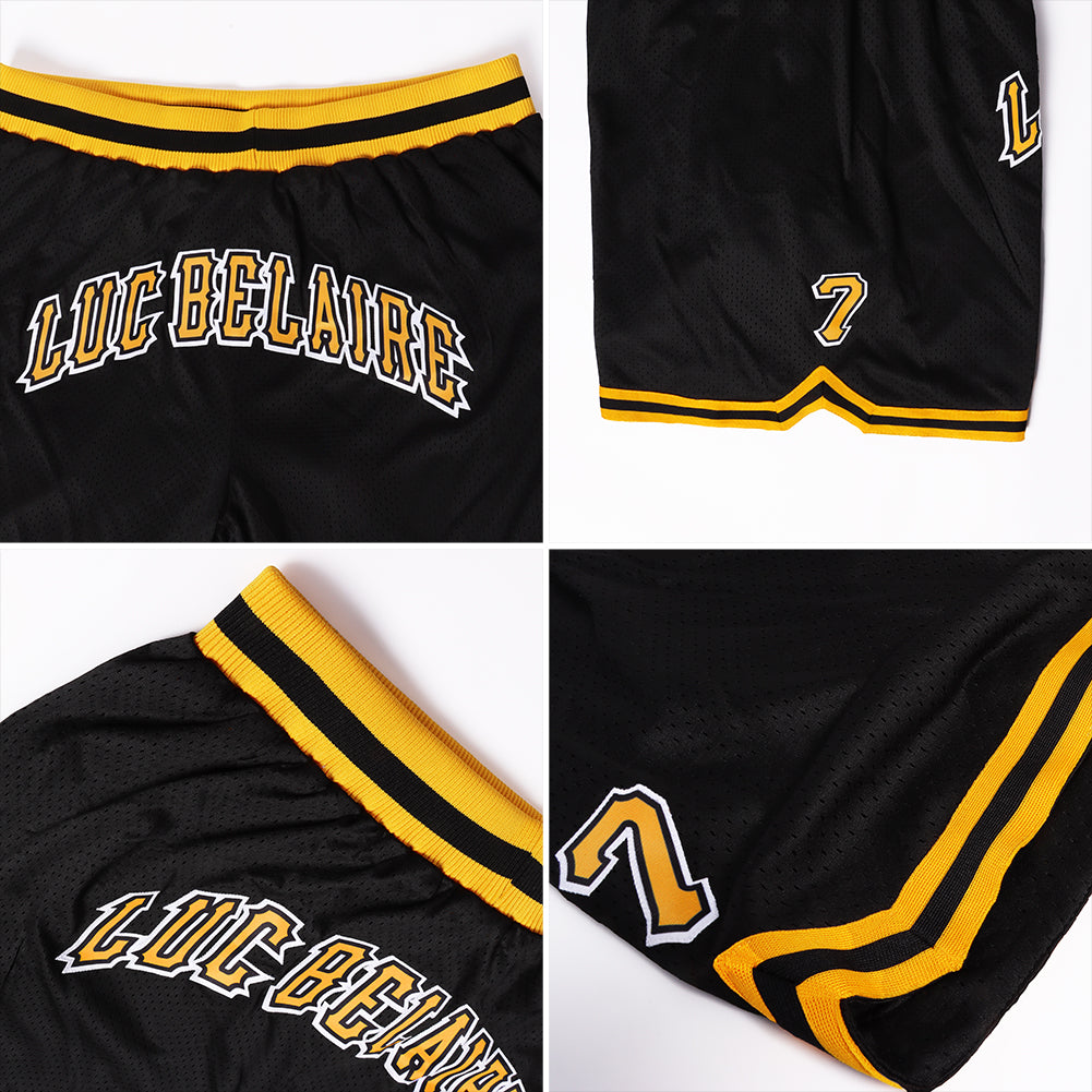 Custom Black Gold-White Authentic Throwback Basketball Shorts view 5