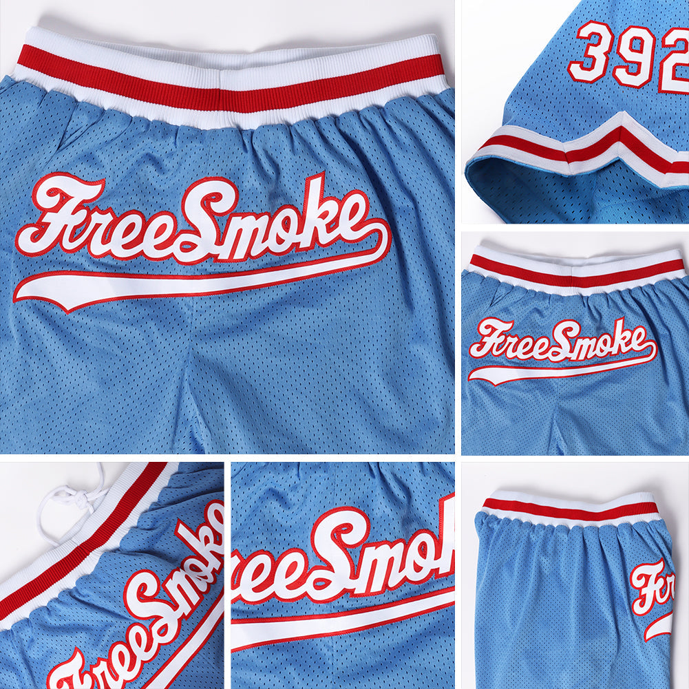 Custom Light Blue White-Red Authentic Throwback Basketball Shorts view 4