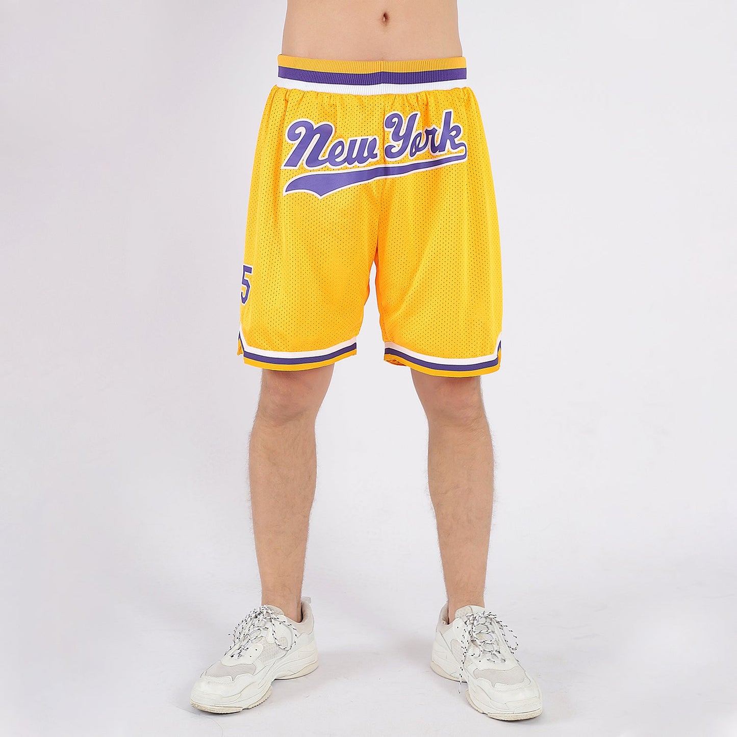 Custom Gold Purple-White Authentic Throwback Basketball Shorts view 2