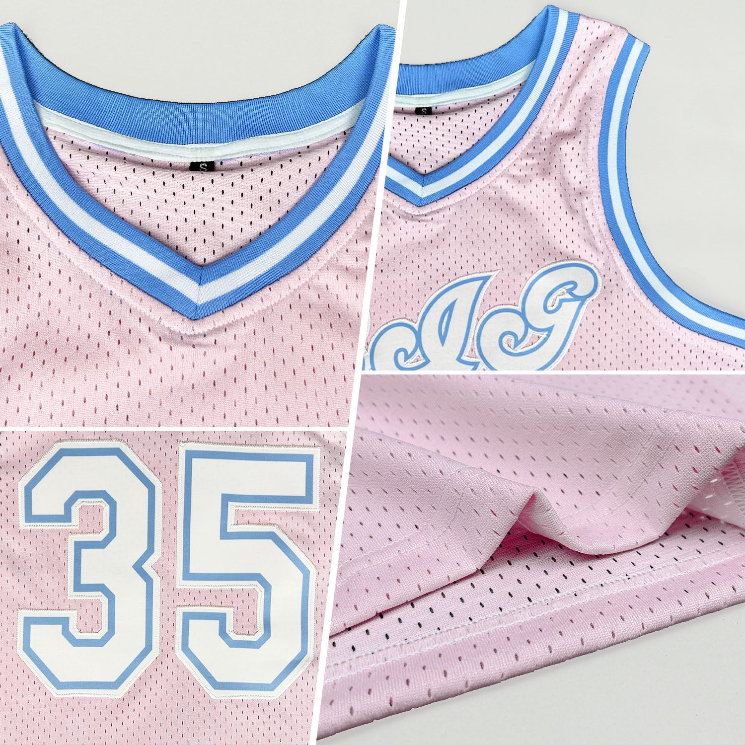 Custom Light Pink White-Light Blue Authentic Throwback Basketball Jersey view 2