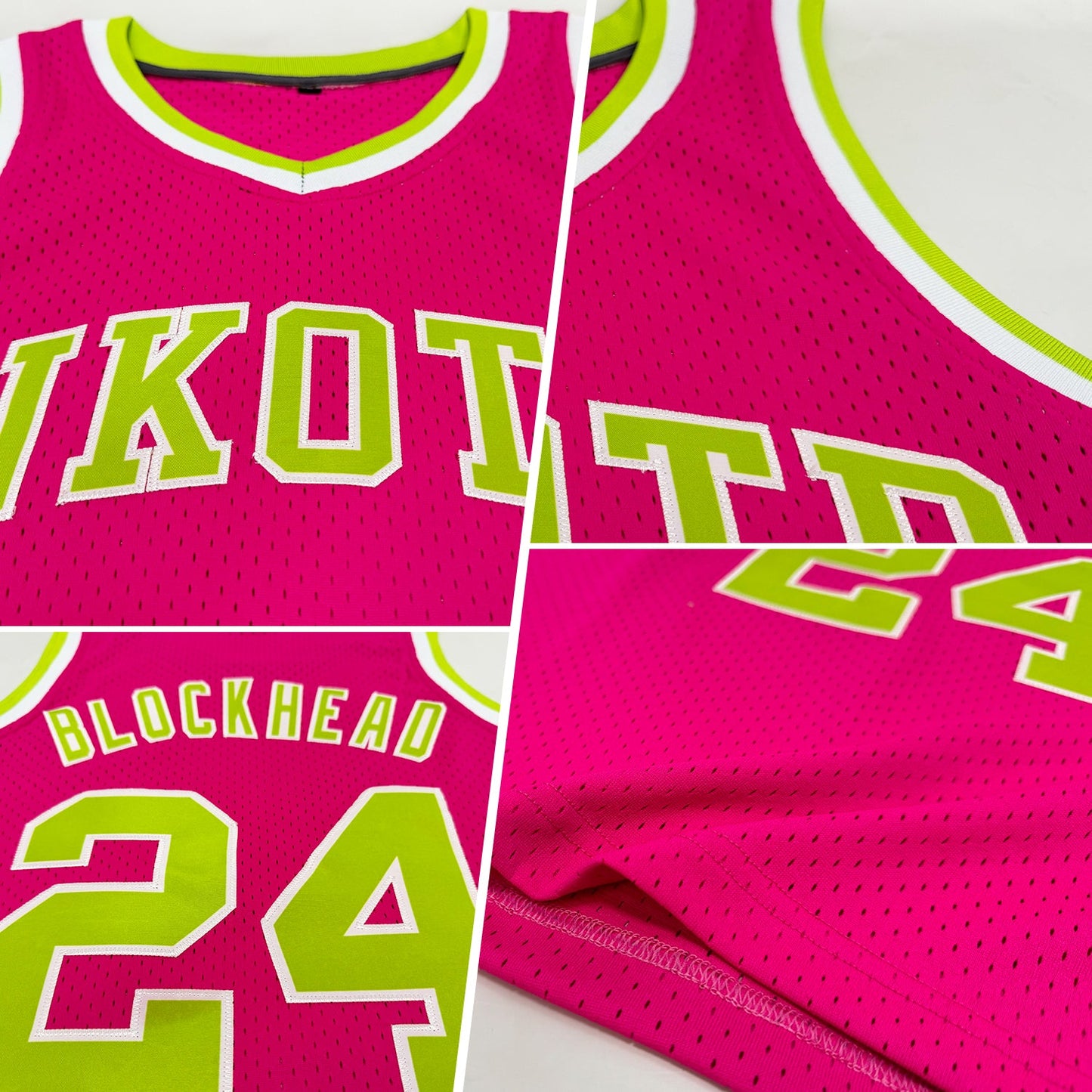 Custom Pink Neon Green-White Authentic Throwback Basketball Jersey view 2