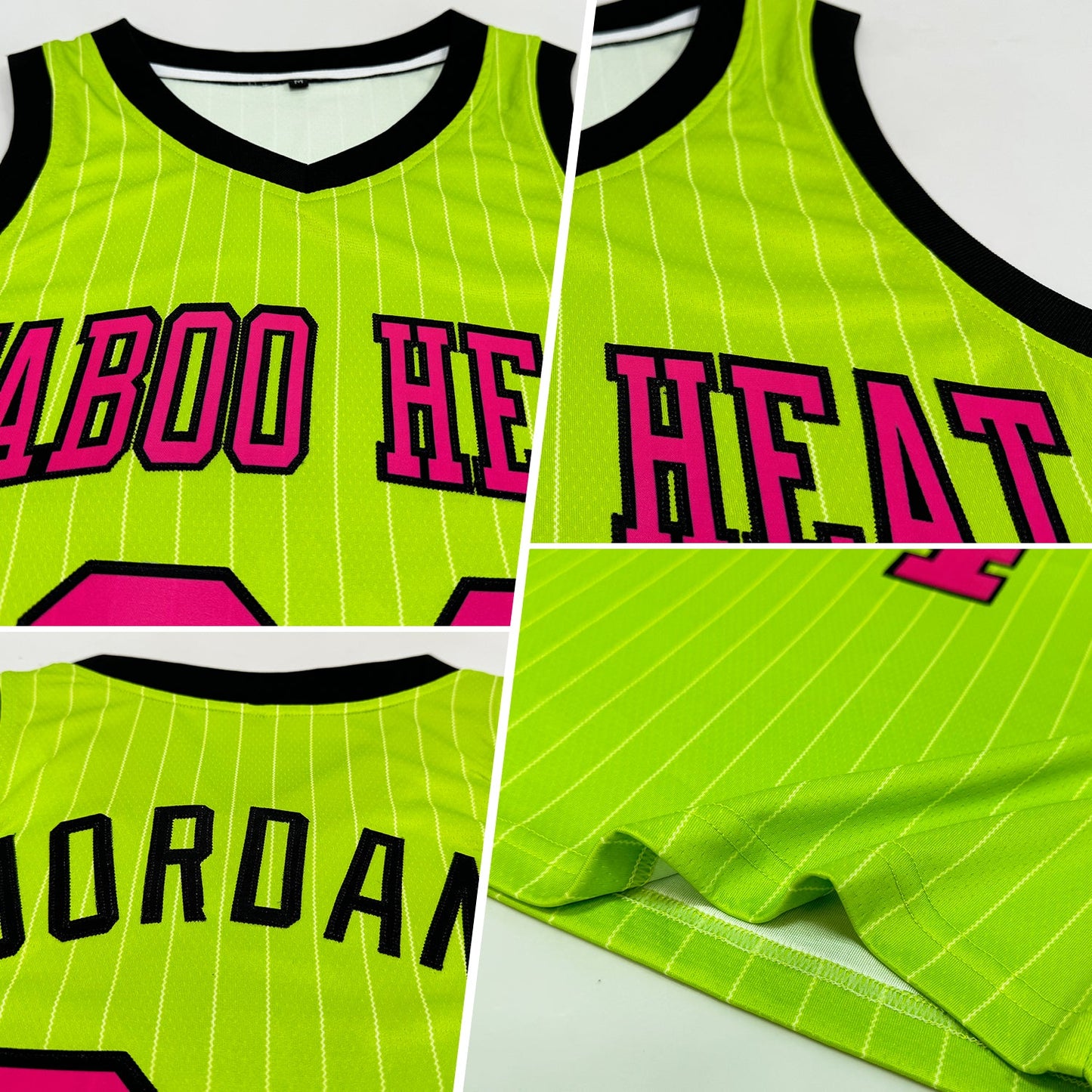 Custom Neon Green White Pinstripe Pink-Black Authentic Basketball Jersey view 2
