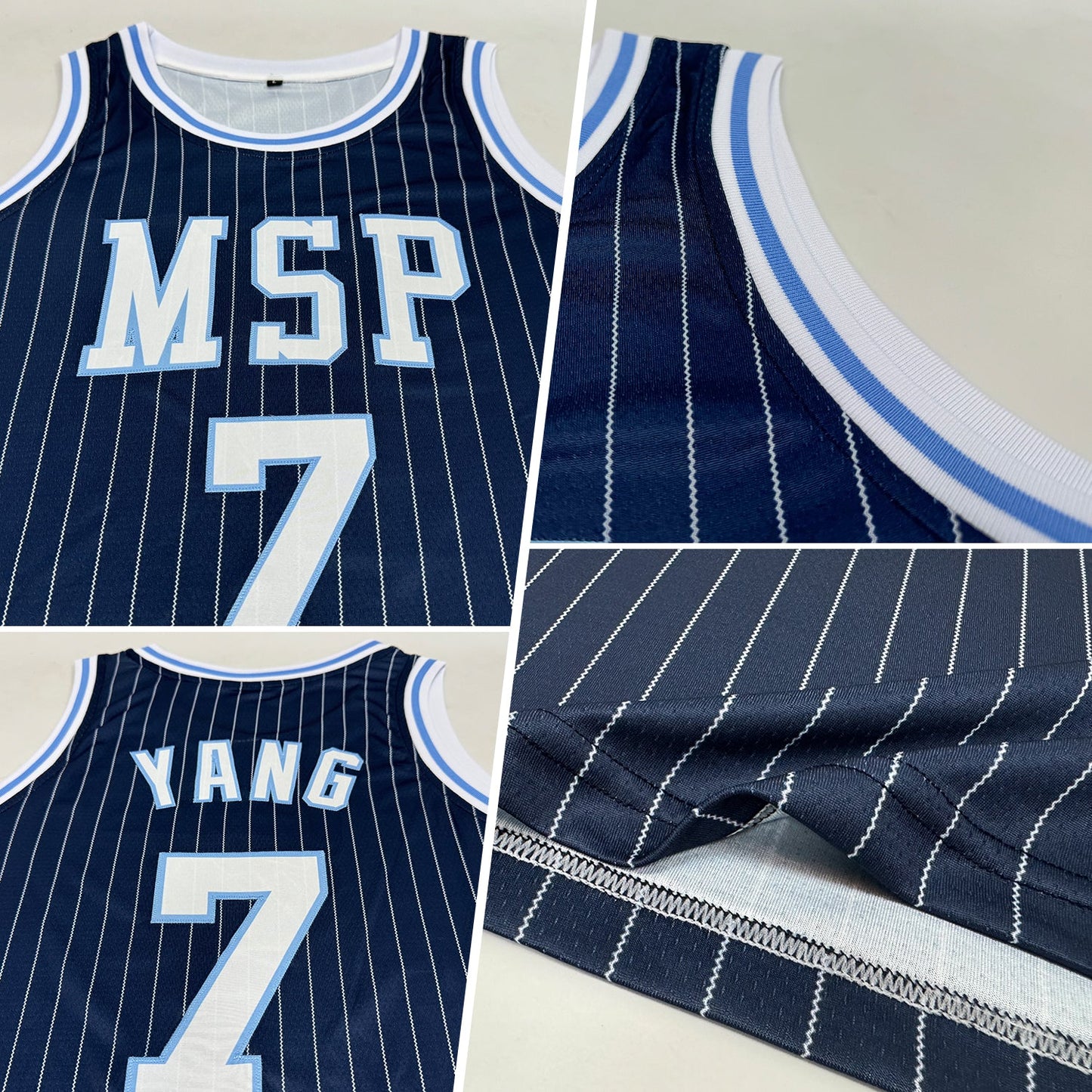 Custom Navy White Pinstripe White-Light Blue Authentic Basketball Jersey view 2