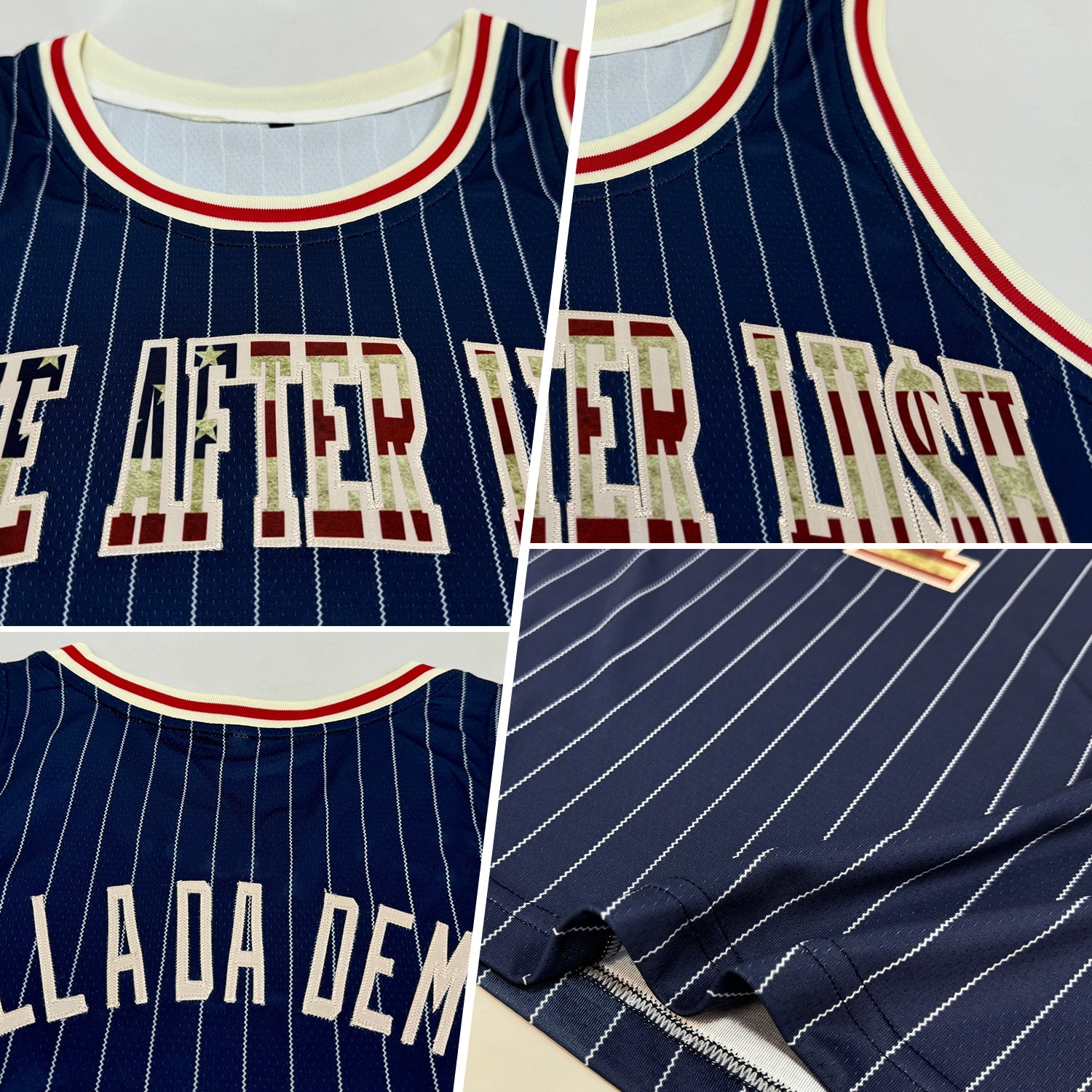 Custom Navy White Pinstripe Vintage USA Flag Cream-Red Authentic Basketball Jersey view 2