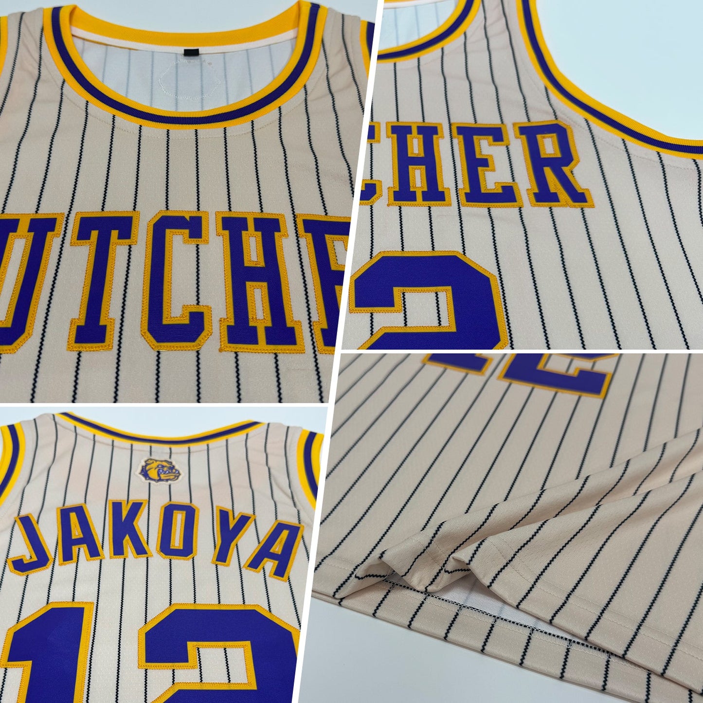 Custom Cream Black Pinstripe Purple-Gold Authentic Basketball Jersey view 2
