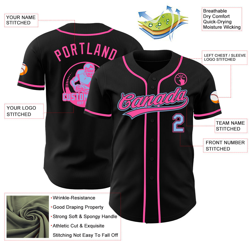 Custom Black Light Blue-Pink Authentic Baseball Jersey view 3