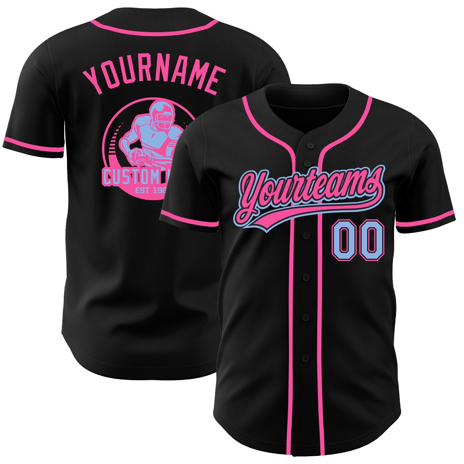 Custom Black Light Blue-Pink Authentic Baseball Jersey - Main View