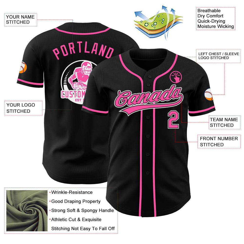 Custom Black Pink-White Authentic Baseball Jersey view 3