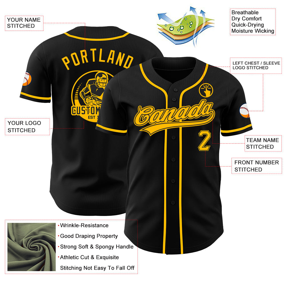 Custom Black-Gold Authentic Baseball Jersey view 3