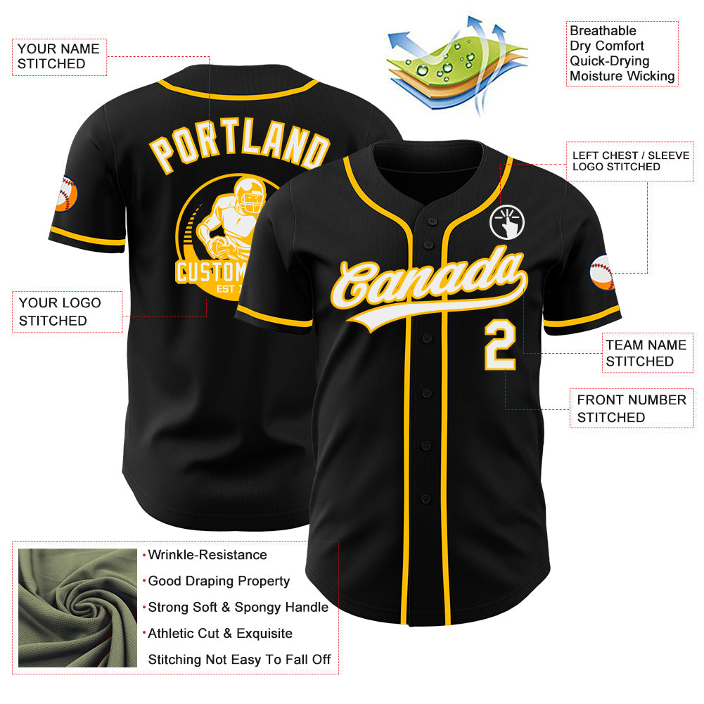 Custom Black White-Gold Authentic Baseball Jersey view 3