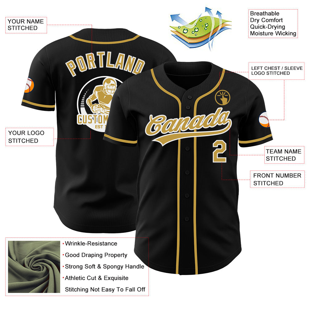 Custom Black Old Gold-White Authentic Baseball Jersey view 3