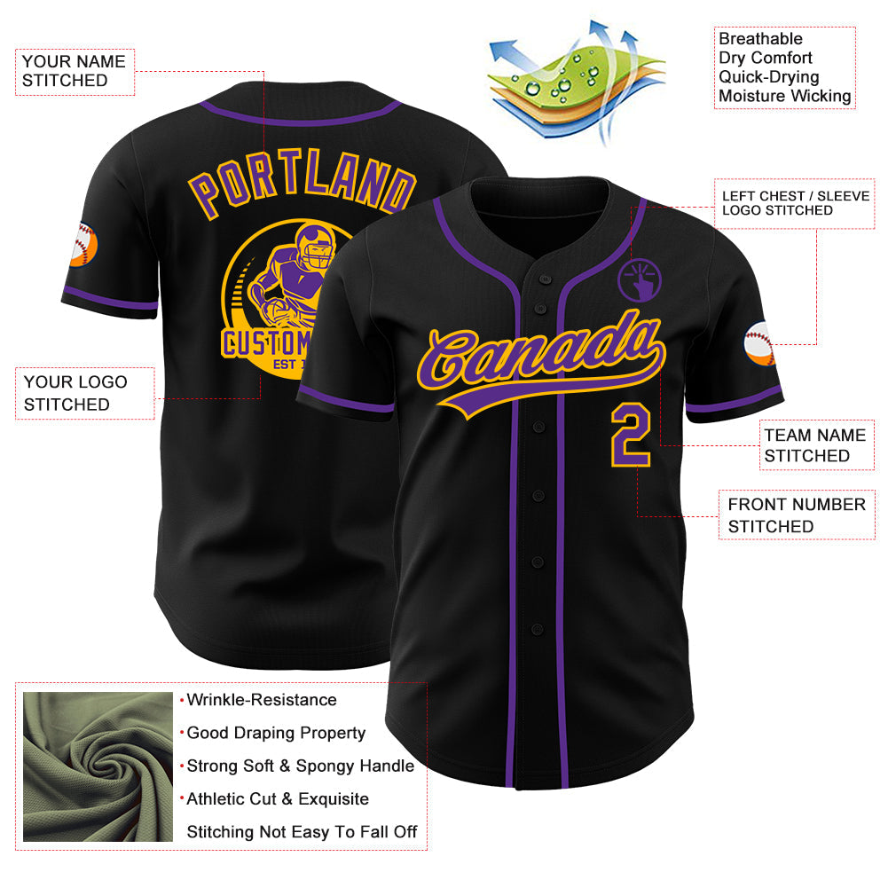 Custom Black Purple-Gold Authentic Baseball Jersey view 3
