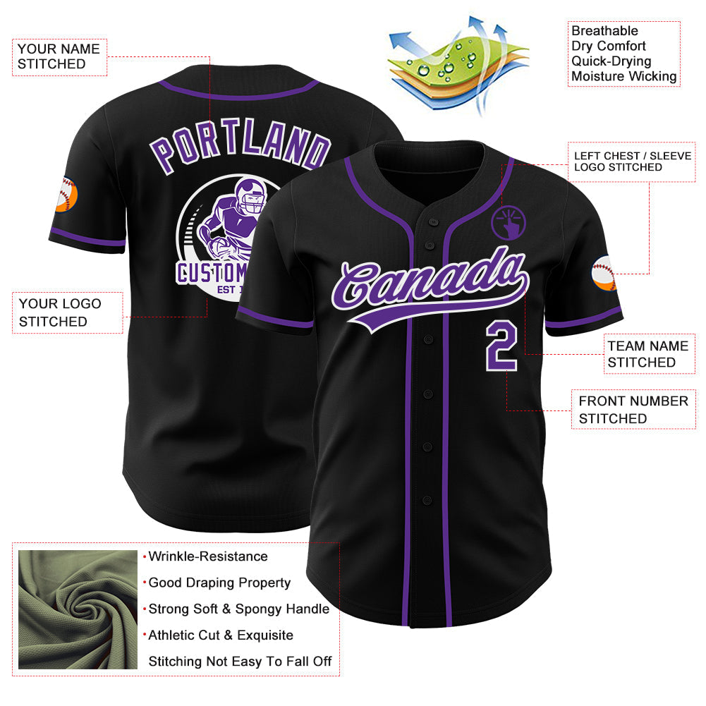Custom Black Purple-White Authentic Baseball Jersey view 3