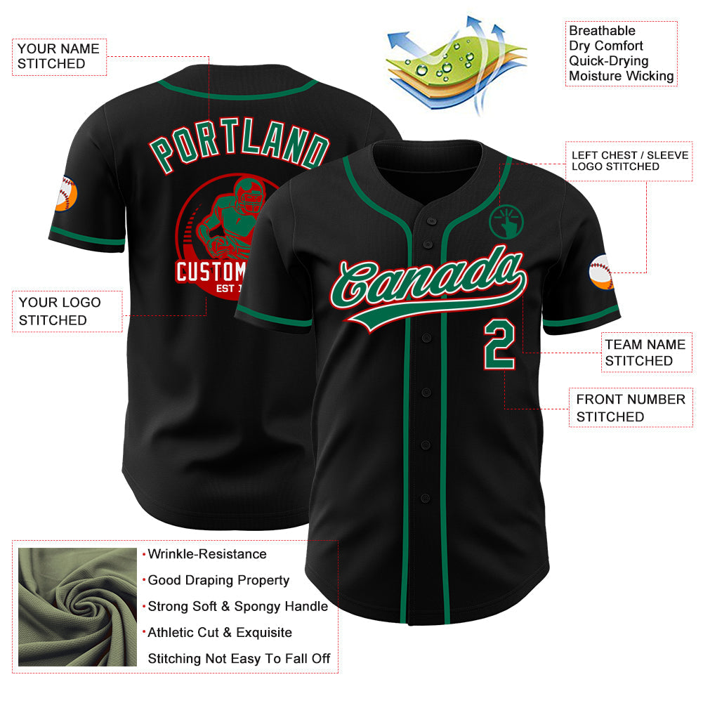 Custom Black Kelly Green White-Red Authentic Baseball Jersey view 3