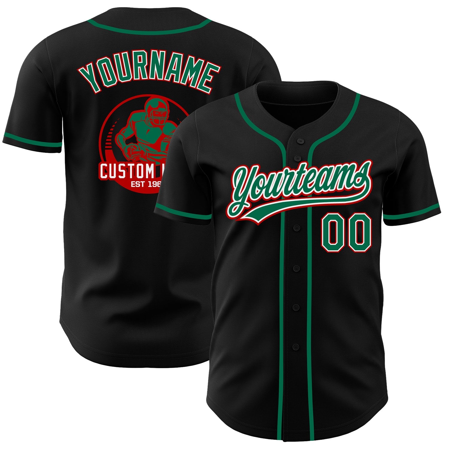 Custom Black Kelly Green White-Red Authentic Baseball Jersey - Main View