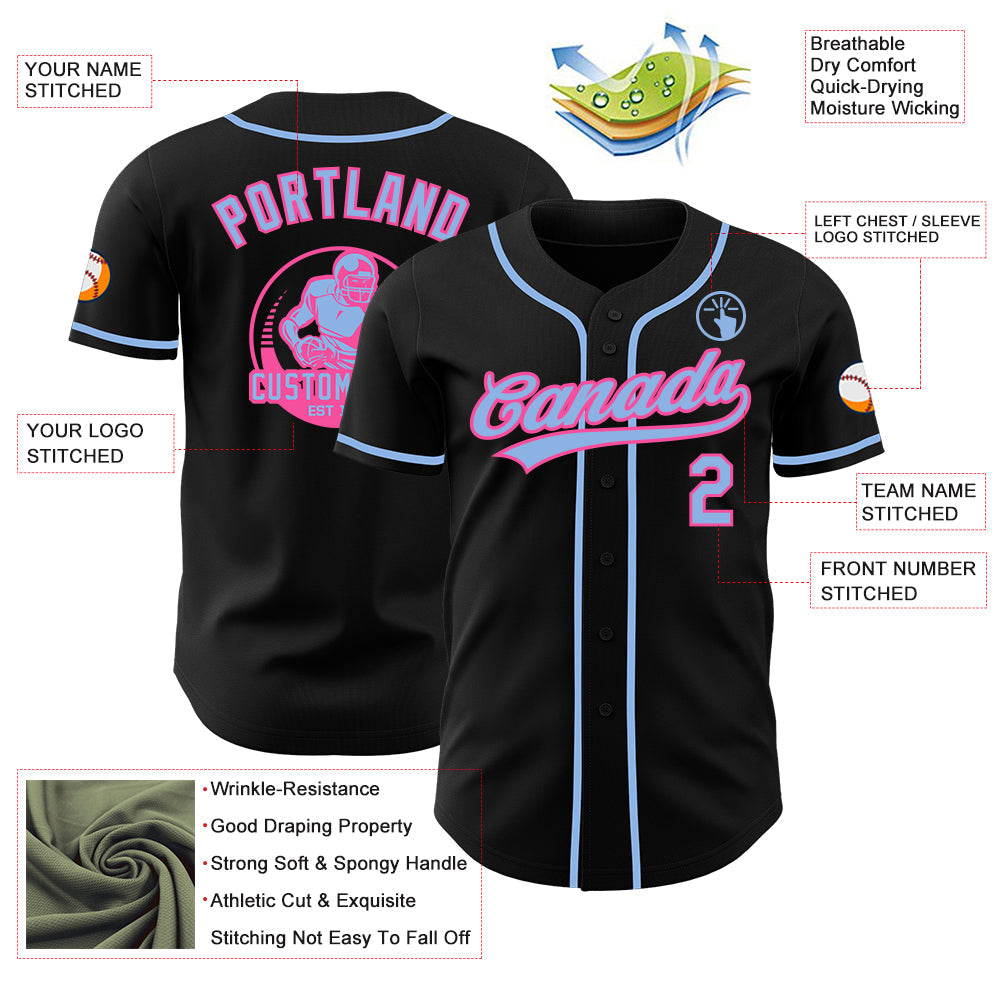 Custom Black Light Blue-Pink Authentic Baseball Jersey view 3