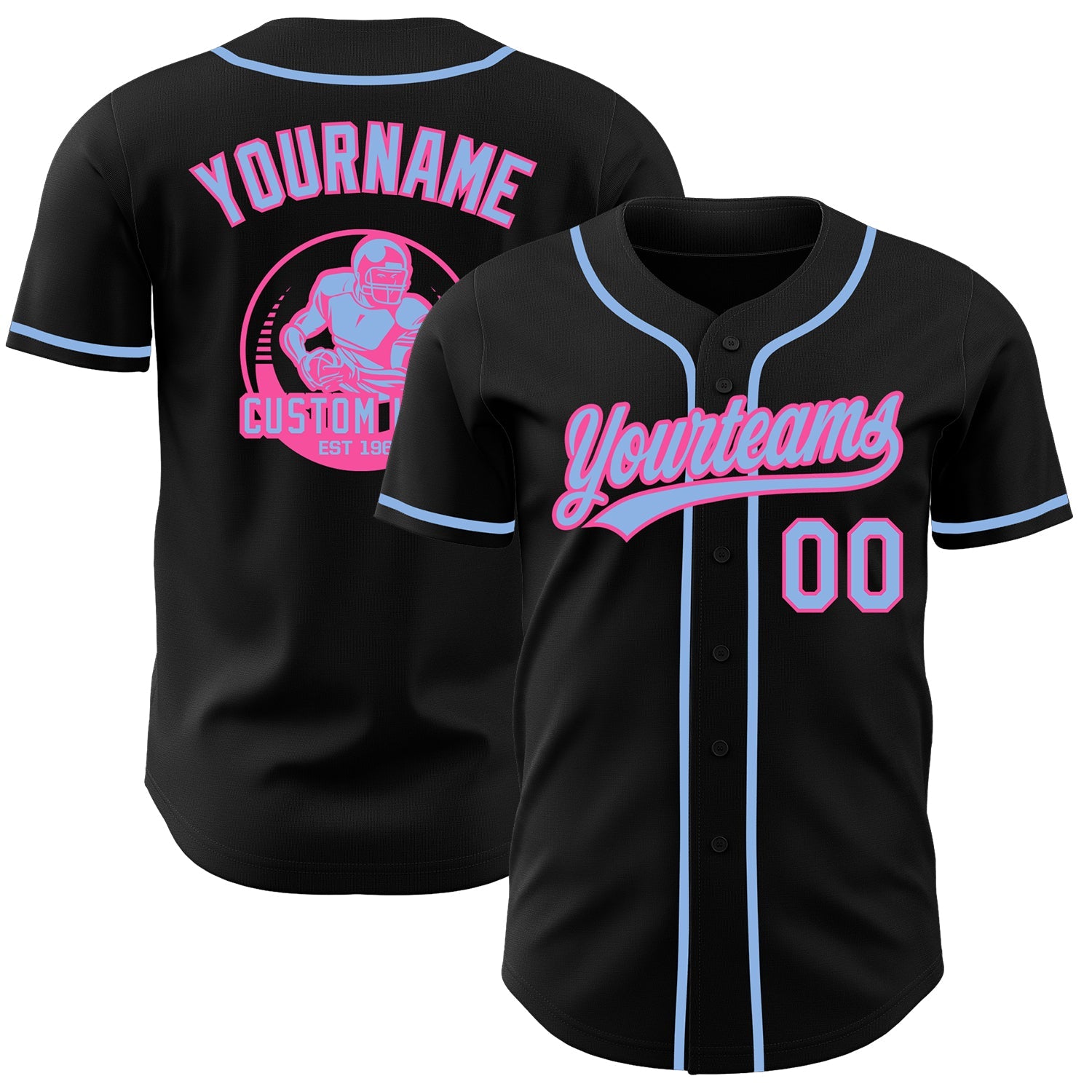 Custom Black Light Blue-Pink Authentic Baseball Jersey - Main View