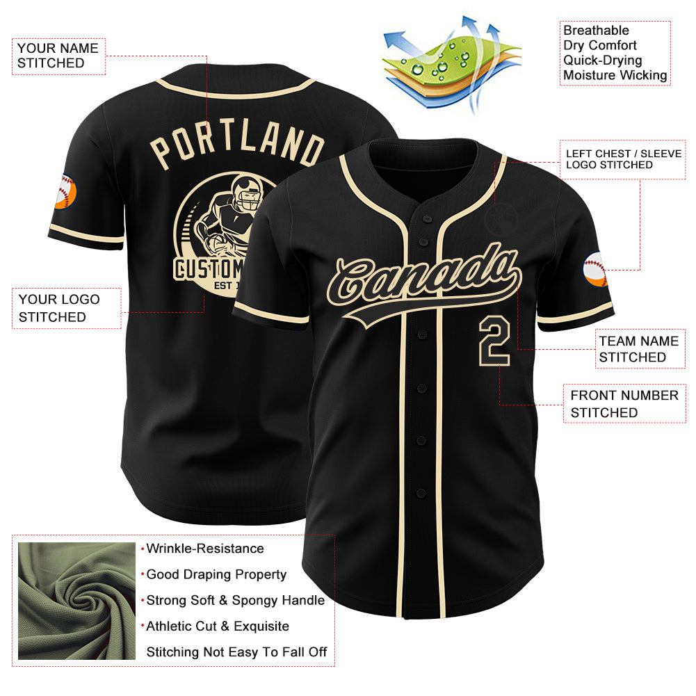 Custom Black-Cream Authentic Baseball Jersey view 3