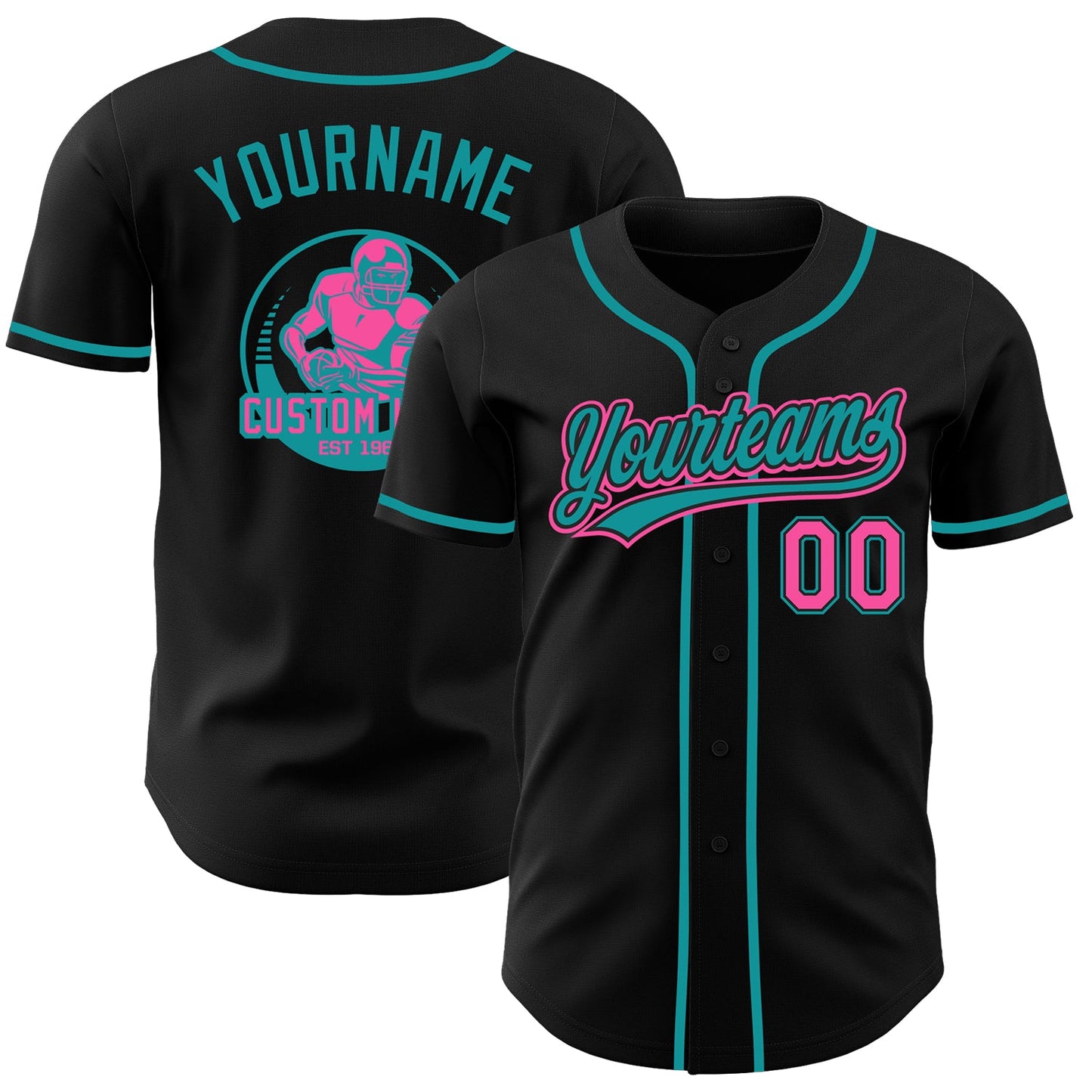 Custom Black Pink-Teal Authentic Baseball Jersey - Main View