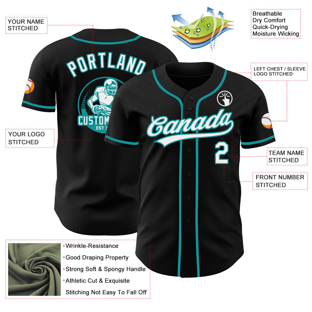 Custom Black White-Teal Authentic Baseball Jersey view 3