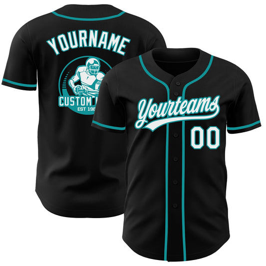 Custom Black White-Teal Authentic Baseball Jersey - Main View