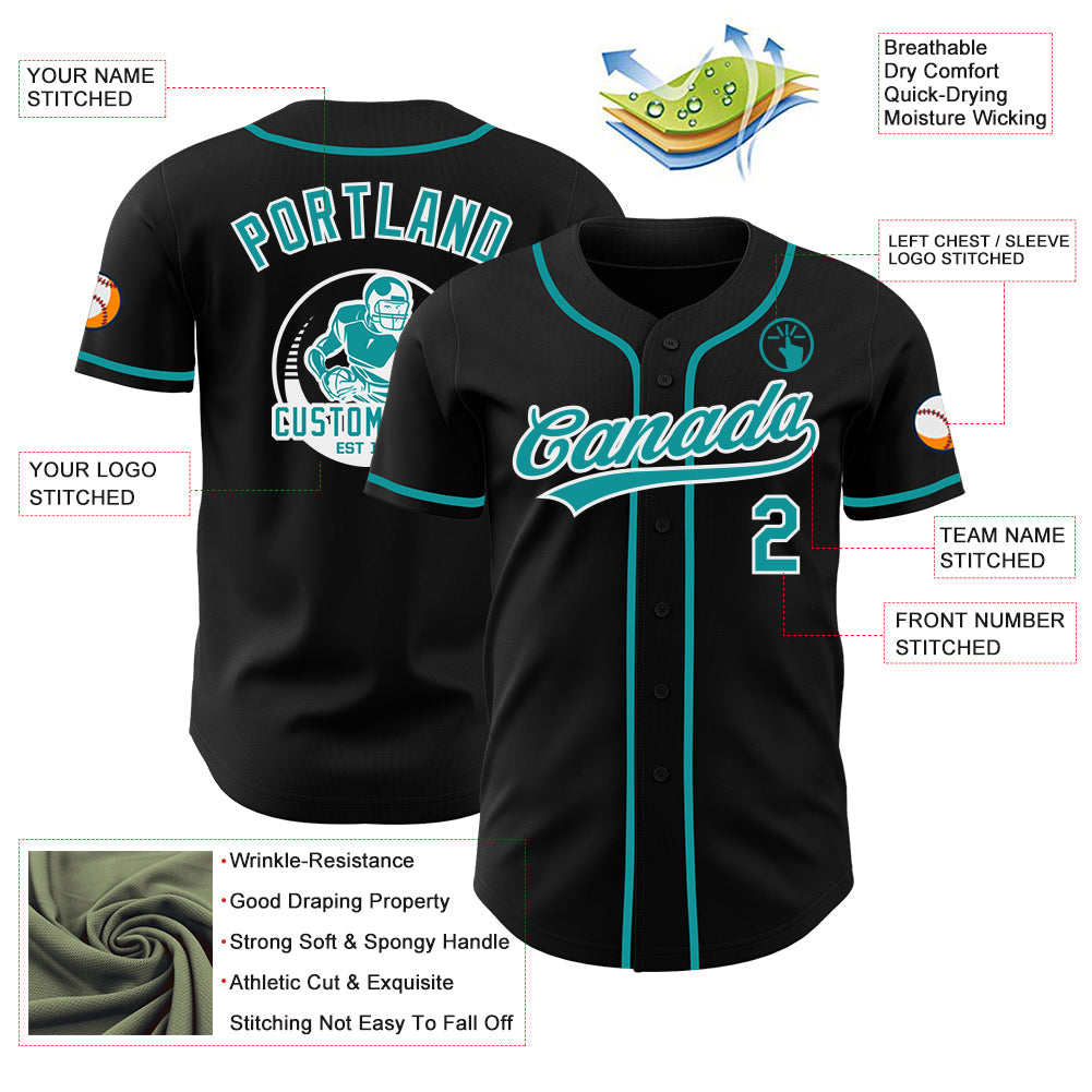 Custom Black Teal-White Authentic Baseball Jersey view 3