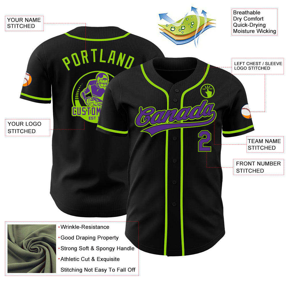 Custom Black Purple-Neon Green Authentic Baseball Jersey view 3