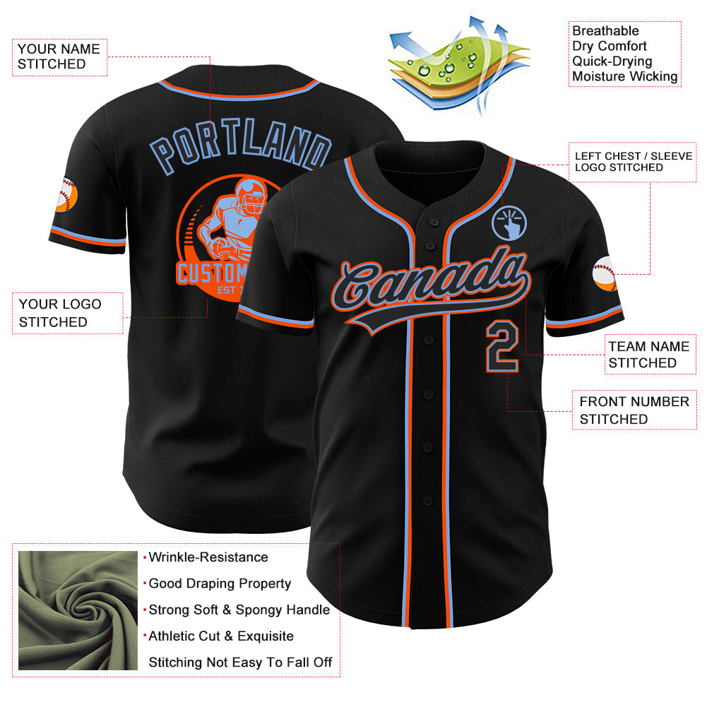 Custom Black Powder Blue-Orange Authentic Baseball Jersey view 3