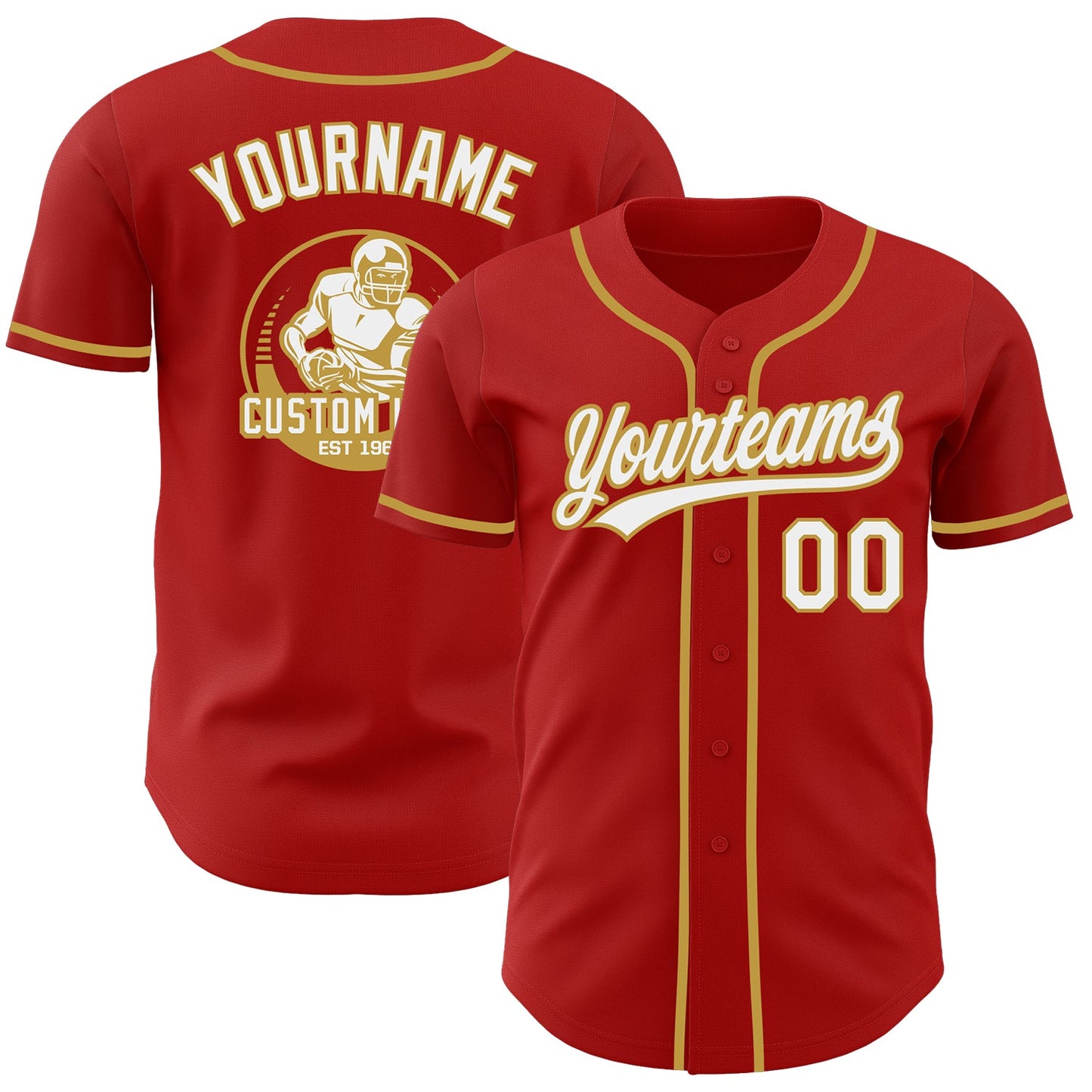 Custom Red White-Old Gold Authentic Baseball Jersey - Main View