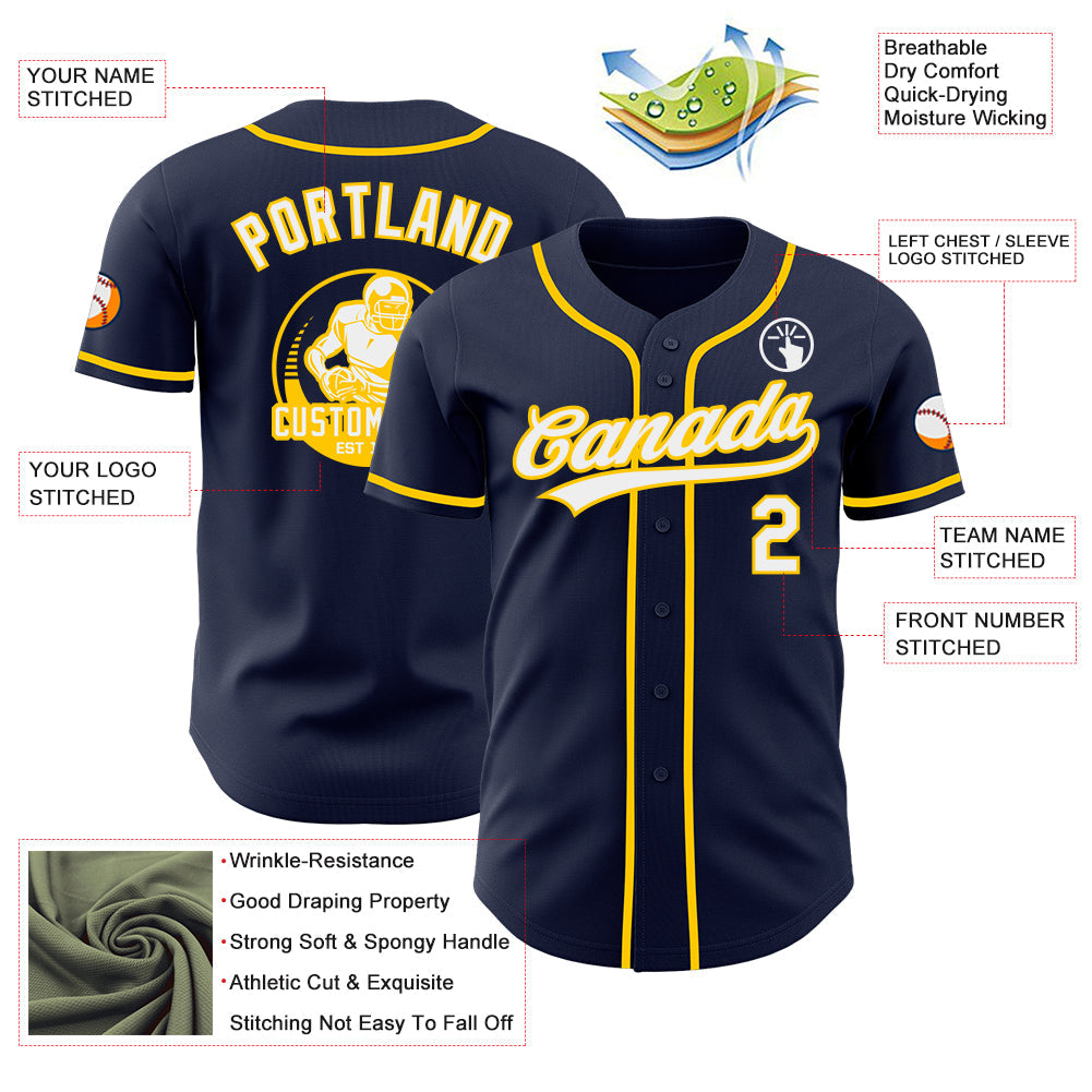 Custom Navy White-Yellow Authentic Baseball Jersey view 3