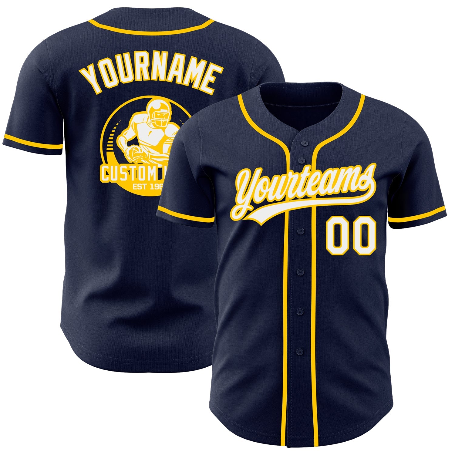 Custom Navy White-Yellow Authentic Baseball Jersey - Main View