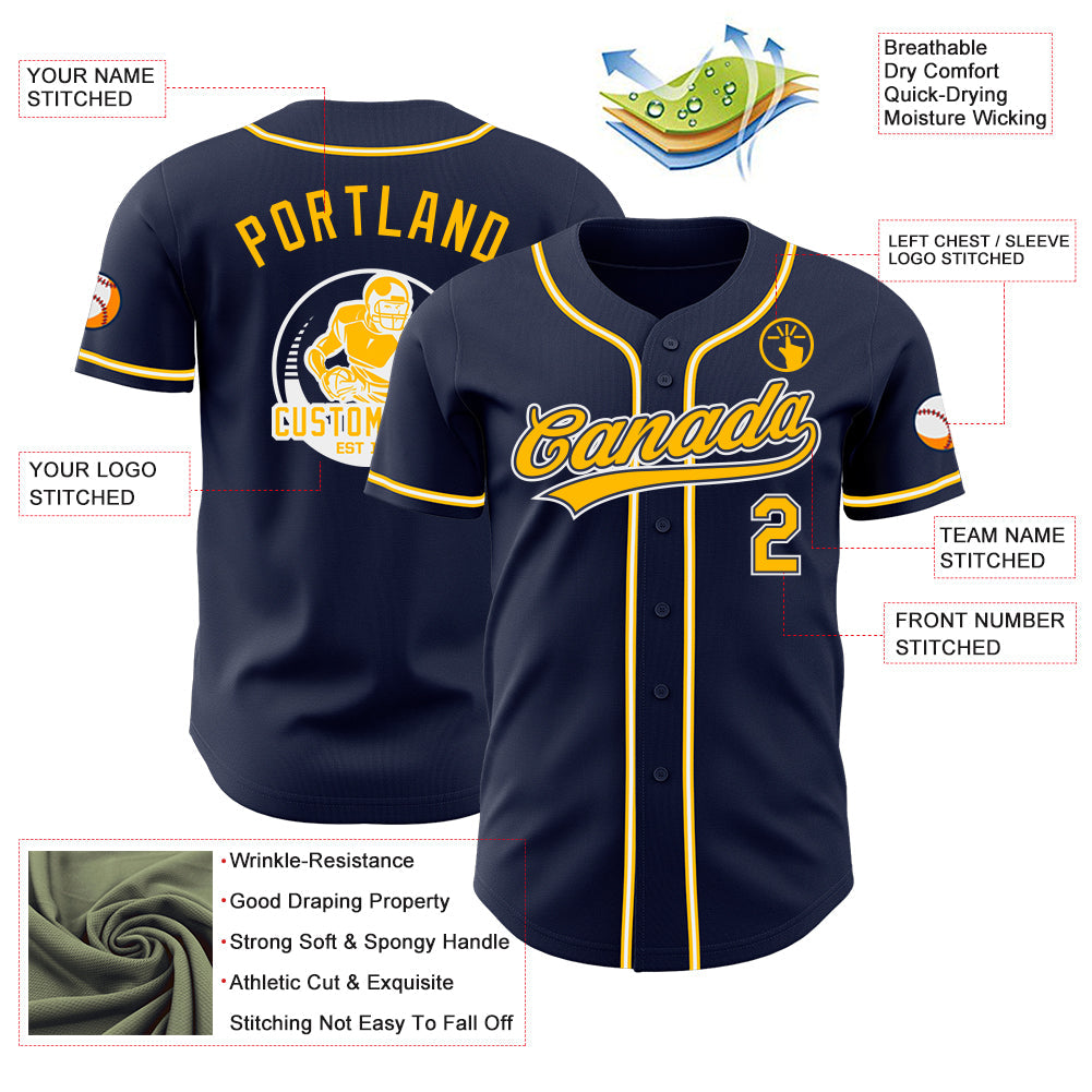 Custom Navy Gold-White Authentic Baseball Jersey view 3