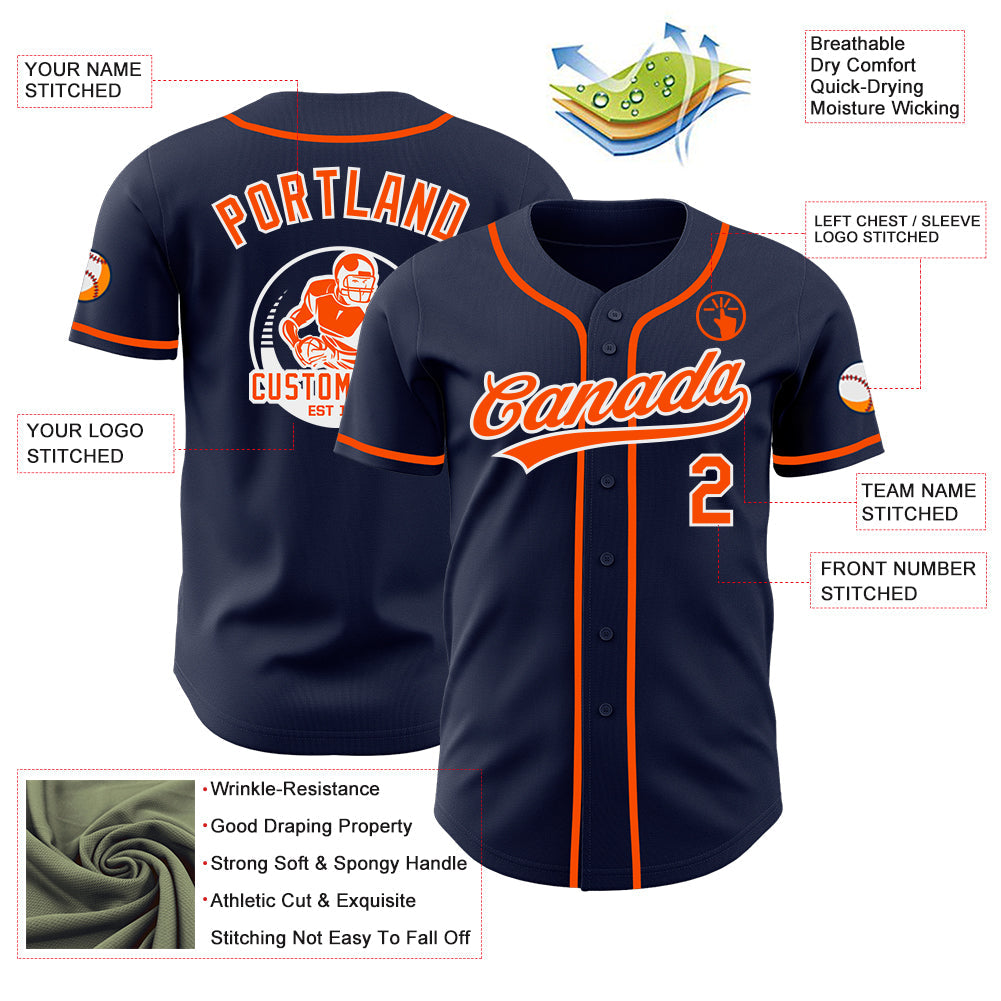 Custom Navy Orange-White Authentic Baseball Jersey view 3