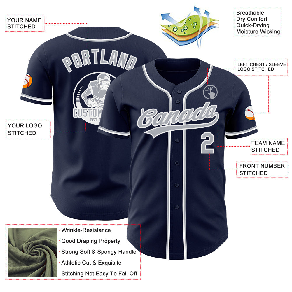 Custom Navy Gray-White Authentic Baseball Jersey view 3