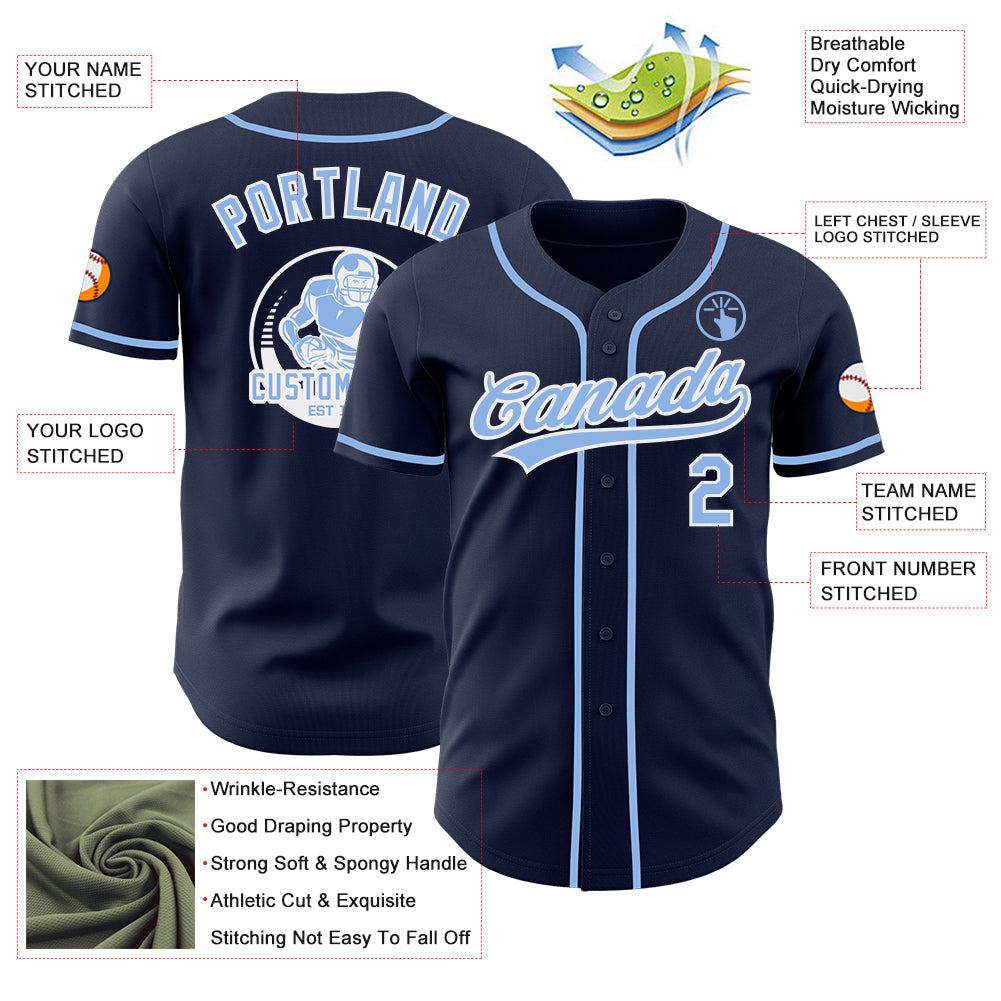Custom Navy Light Blue-White Authentic Baseball Jersey view 3