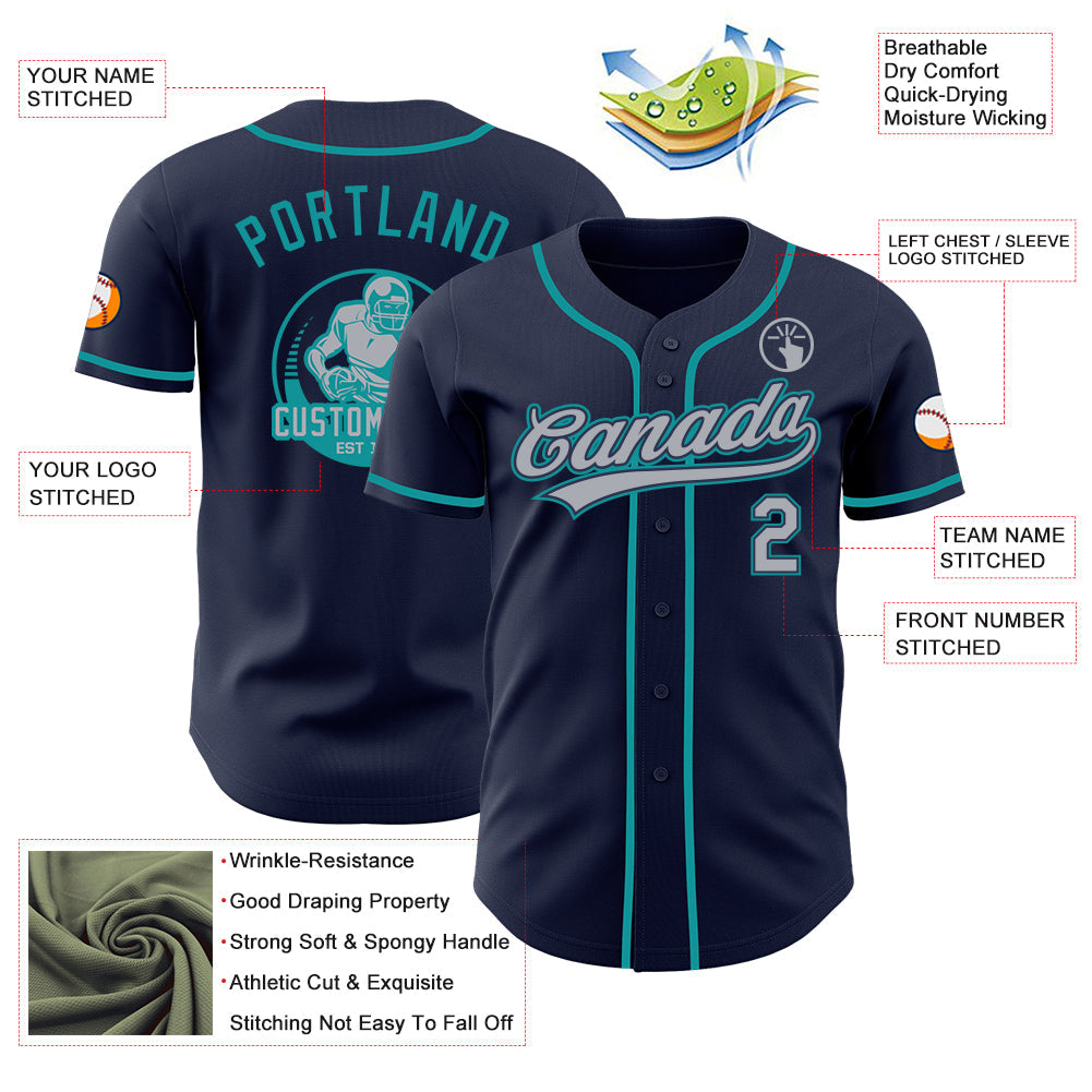 Custom Navy Gray-Teal Authentic Baseball Jersey view 3