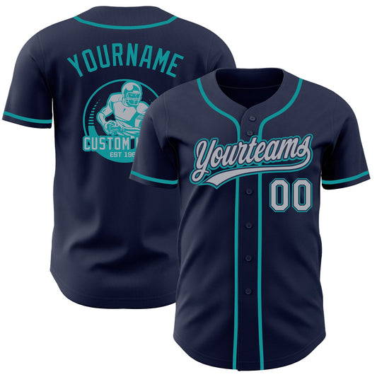 Custom Navy Gray-Teal Authentic Baseball Jersey - Main View